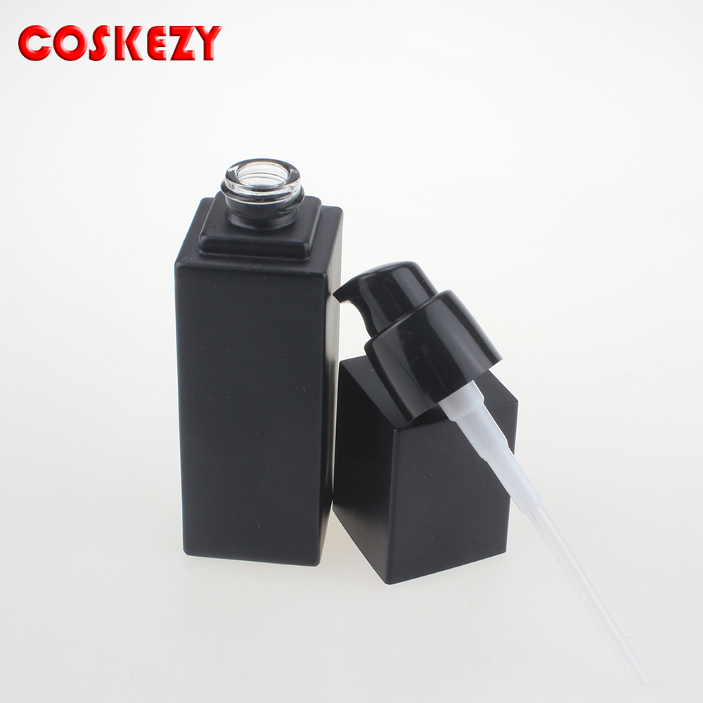 Black Cap 15ml 30ml 45ml Cosmetic Matte Black Glass Bottle with Lotion Pump, Square Black Empty Glass Pump Package for Skincare