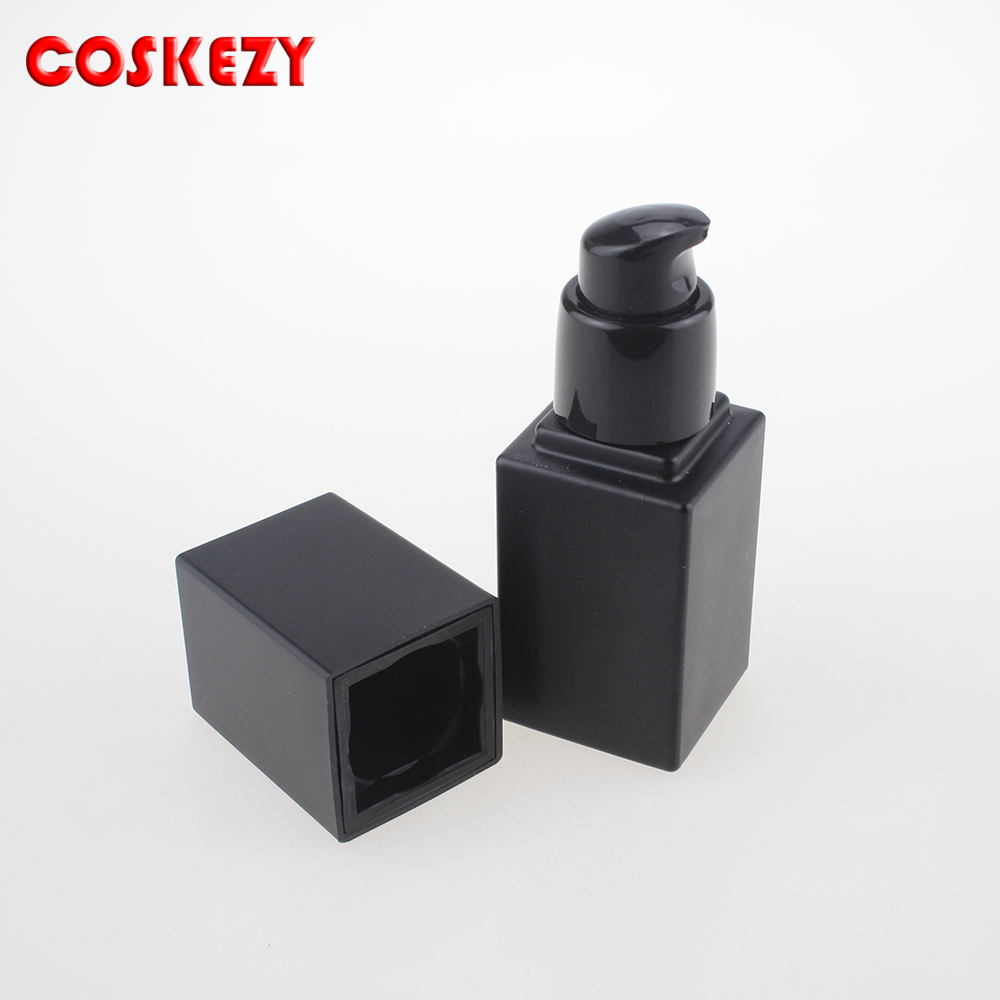 Black Cap 15ml 30ml 45ml Cosmetic Matte Black Glass Bottle with Lotion Pump, Square Black Empty Glass Pump Package for Skincare