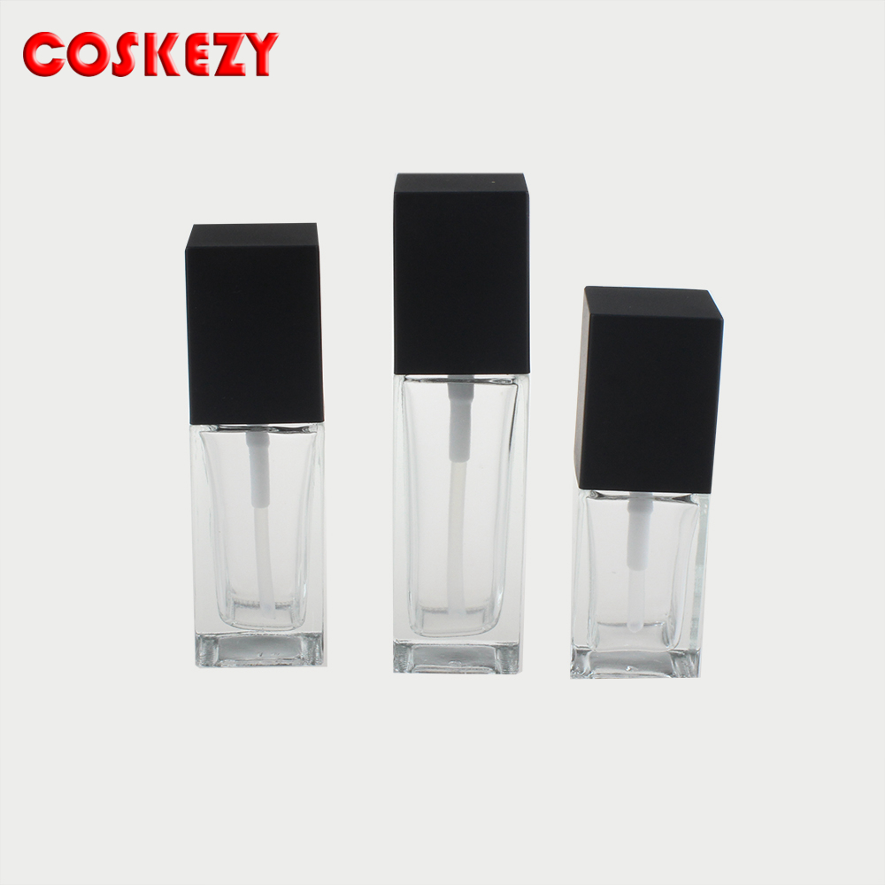Black Cap 15ml 30ml 45ml Cosmetic Matte Black Glass Bottle with Lotion Pump, Square Black Empty Glass Pump Package for Skincare