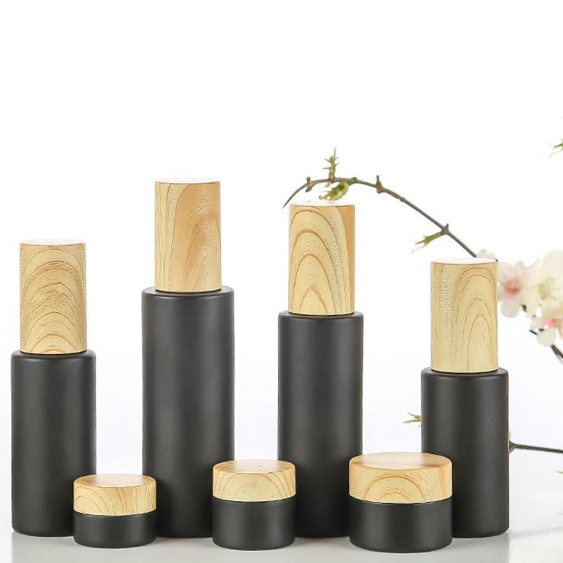 Black Coating Skin Care Cream Containers 10g 30g 50g Glass Cosmetic Jar with Bamboo Lid