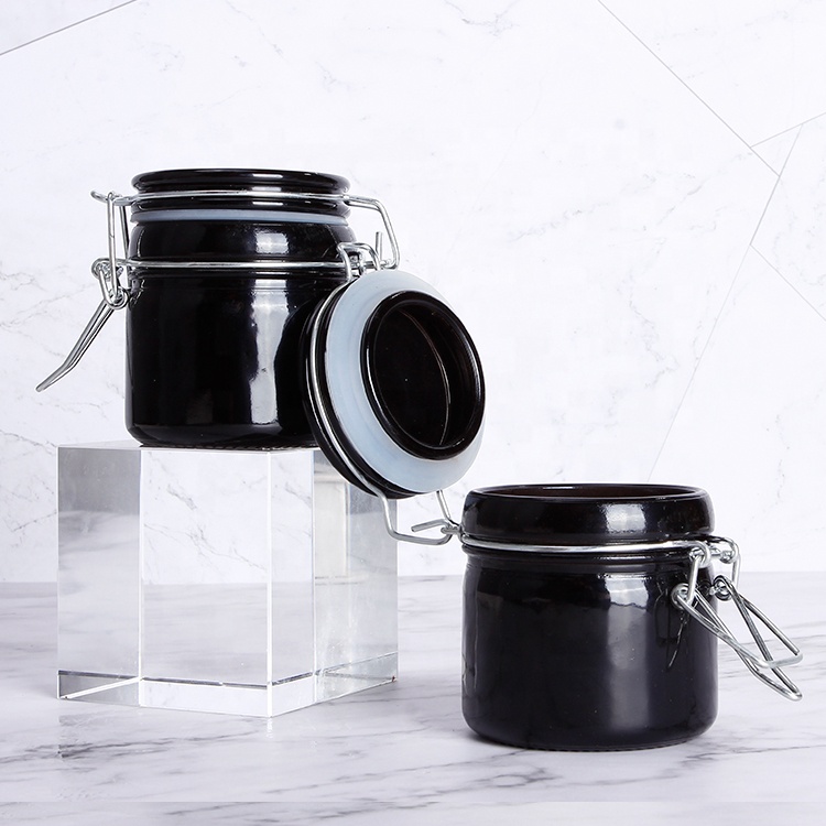 Black Color 50ml 100ml Airtight Glass Storage Jar Clip Top Glass Jars With Logo Print