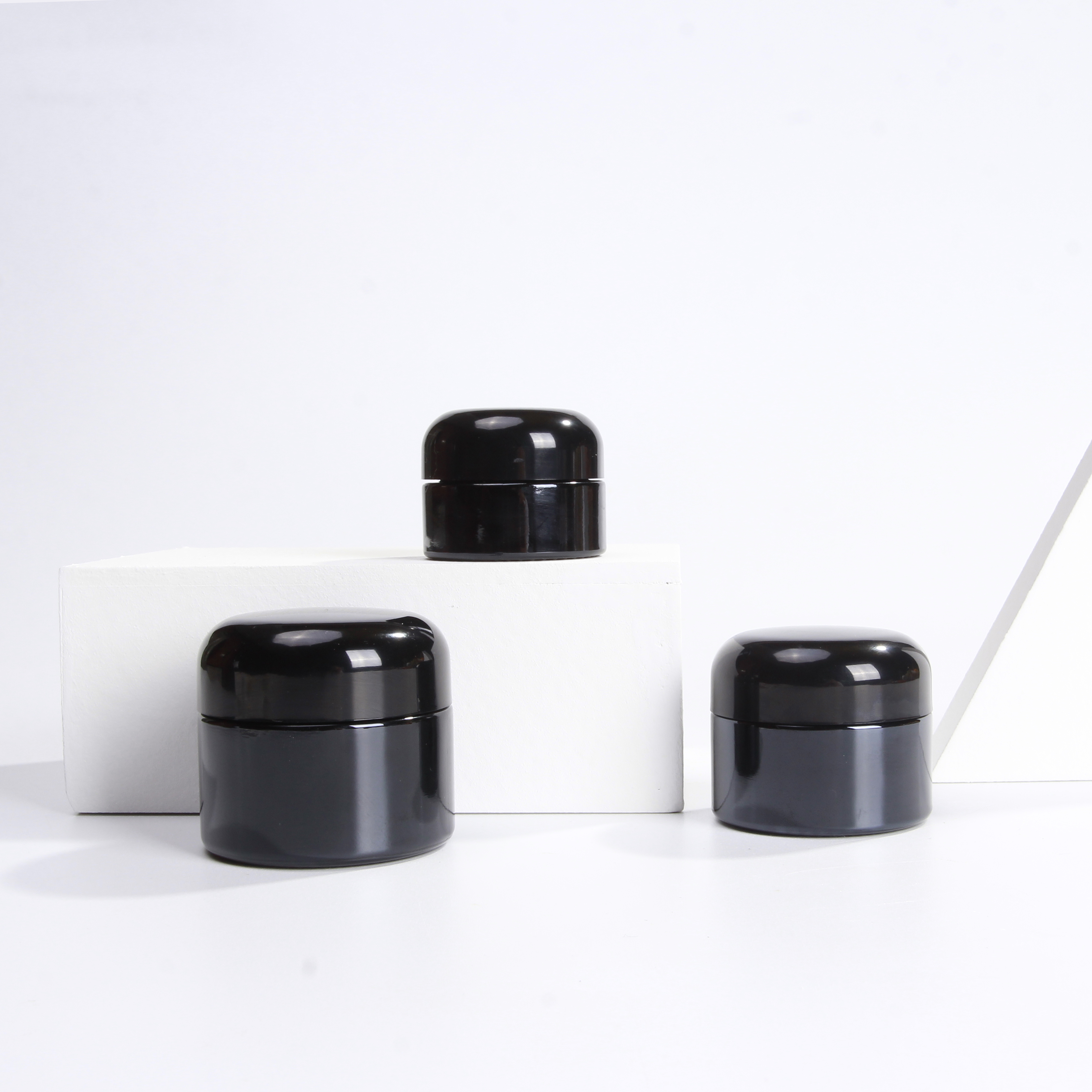 Black Cosmetic Glass Jars For Face Cosmetic Cream Lotion Container With Removable Inner, Black Dome Lids
