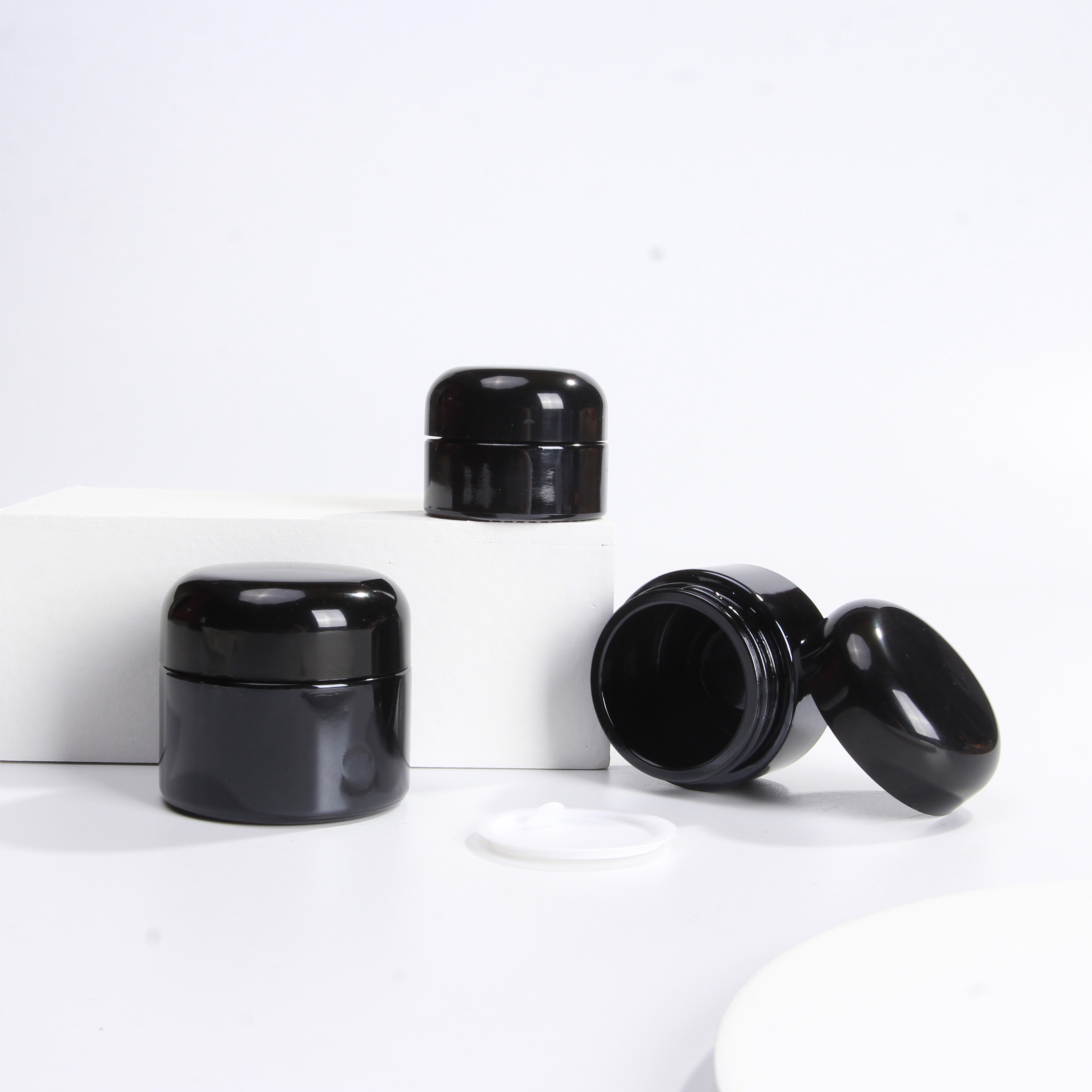 Black Cosmetic Glass Jars For Face Cosmetic Cream Lotion Container With Removable Inner, Black Dome Lids