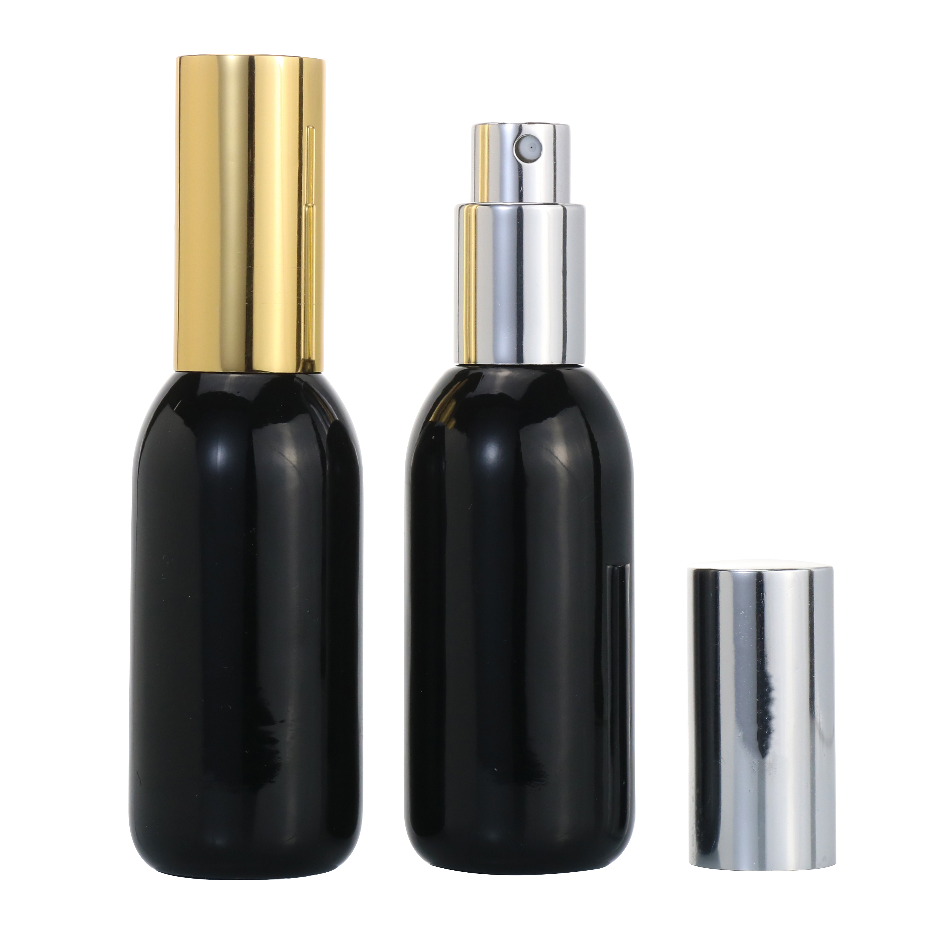 Black Cosmetic packaging 30ml glass press spray bottle lotion bottles with black silver gold pump cap