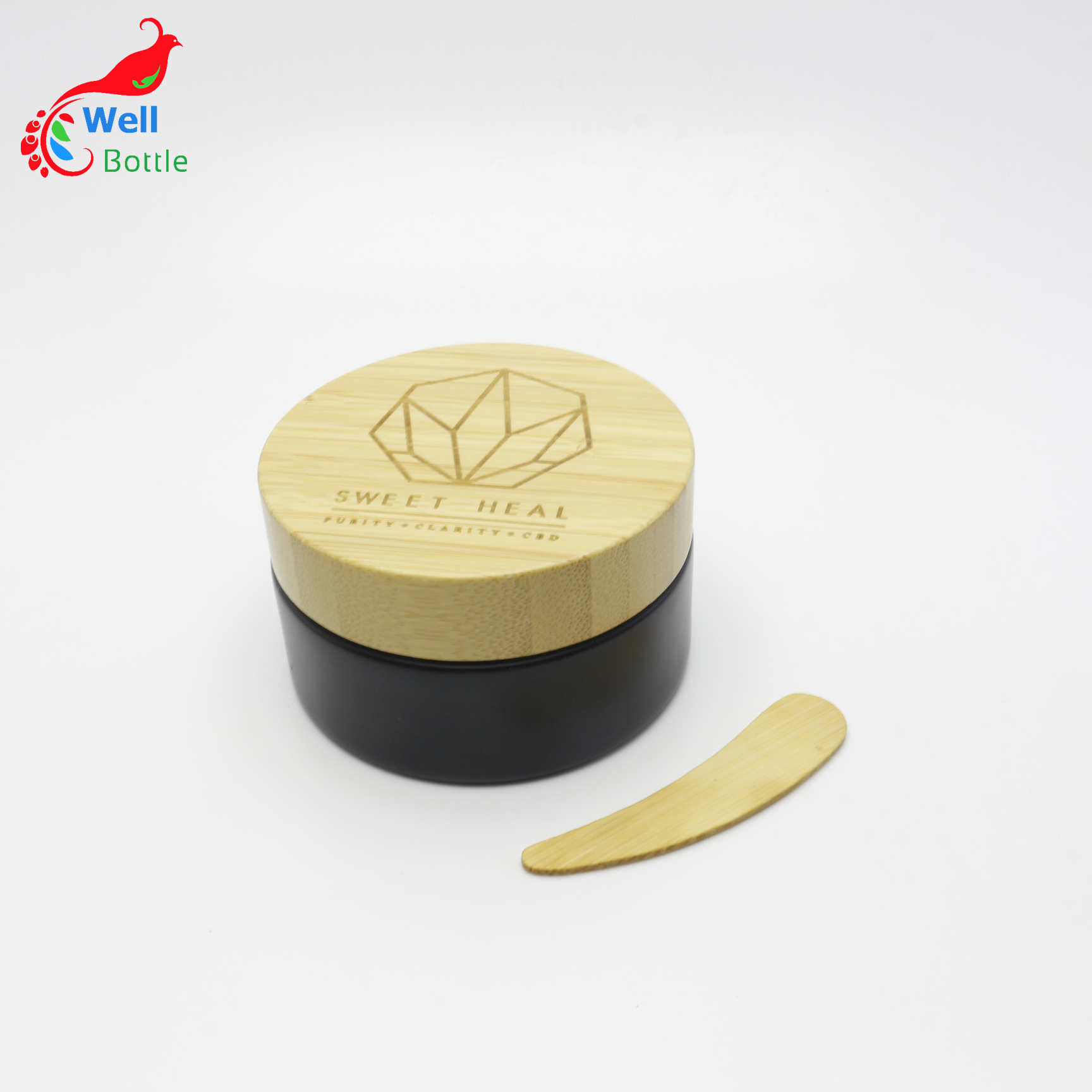 Black Frosted Bamboo Glass Jar with Wooden lid and spoon Cosmetic Packaging 50g Empty glass jars  J138E