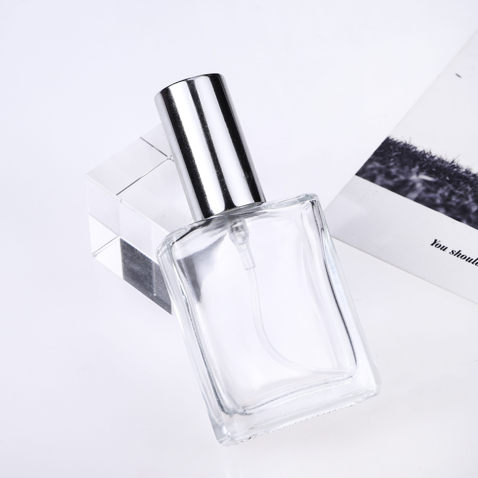 Black Silver Sprayer Head Design Refillable Fancy Square Mini 15ml Transparent Clear Empty Glass Perfume Bottle