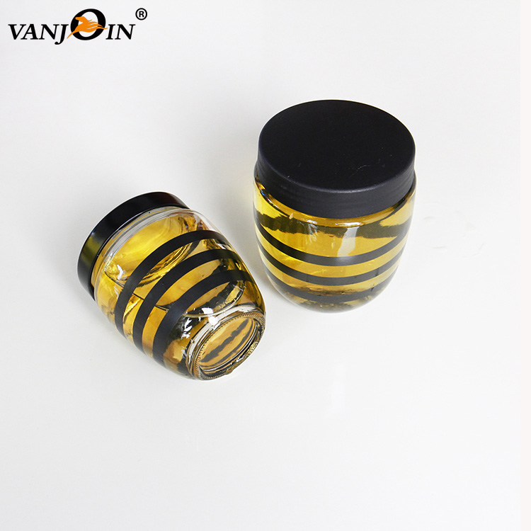 Black Stripe Printed 250ml 400ml Round Honey Glass Jar For Jam With Metal Plastic Lid