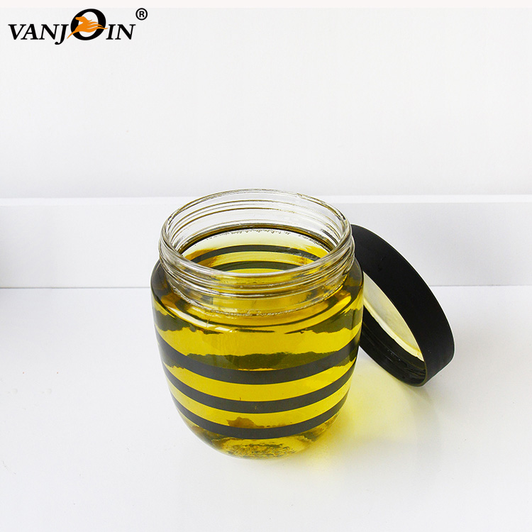 Black Stripe Printed 250ml 400ml Round Honey Glass Jar For Jam With Metal Plastic Lid