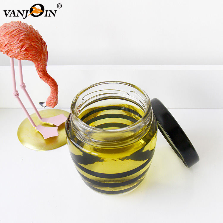 Black Stripe Printed 250ml 400ml Round Honey Glass Jar For Jam With Metal Plastic Lid