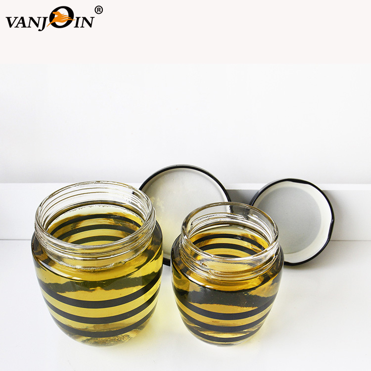 Black Stripe Printed 250ml 400ml Round Honey Glass Jar For Jam With Metal Plastic Lid