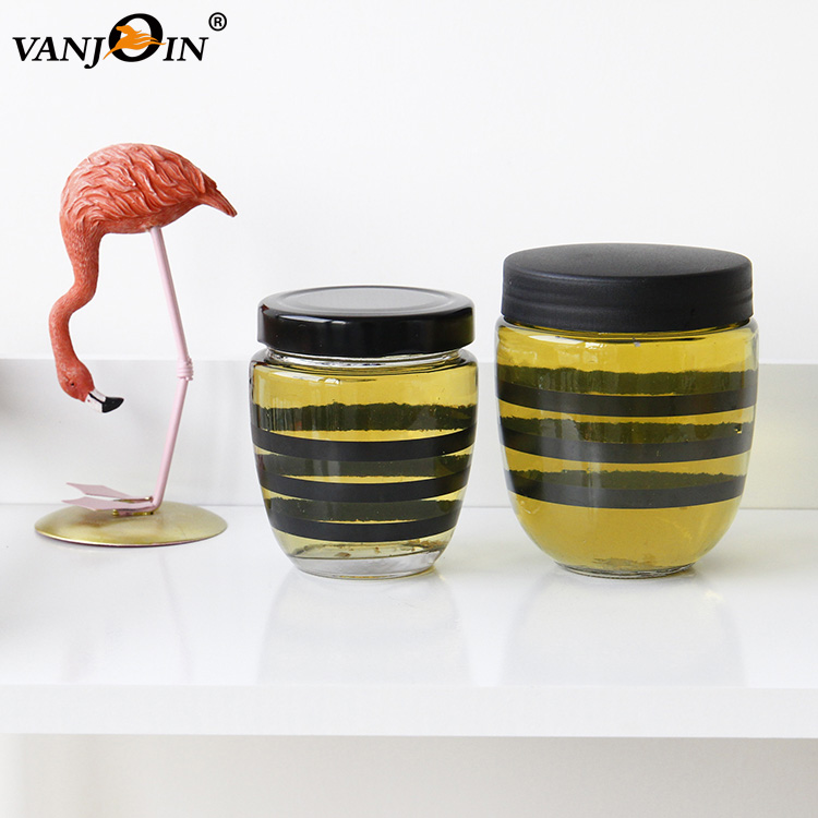 Black Stripe Printed 250ml 400ml Round Honey Glass Jar For Jam With Metal Plastic Lid