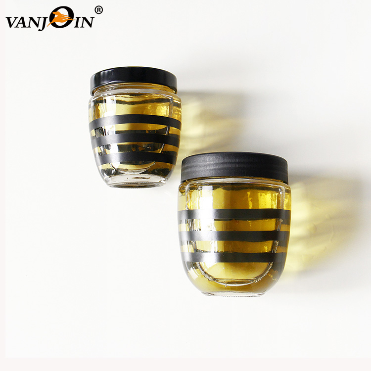 Black Stripe Printed 250ml 400ml Round Honey Glass Jar For Jam With Metal Plastic Lid