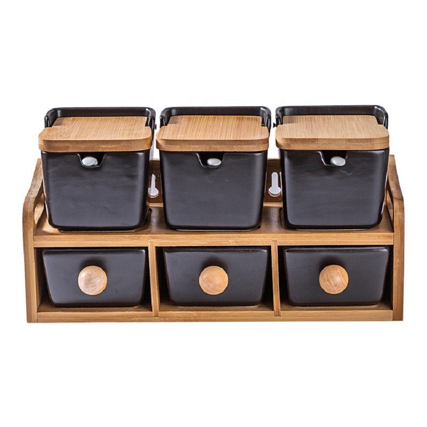 Black and white seasoning jar three-piece bamboo wood seasoning pot Japanese-style seasoning jar set ceramic salt jar