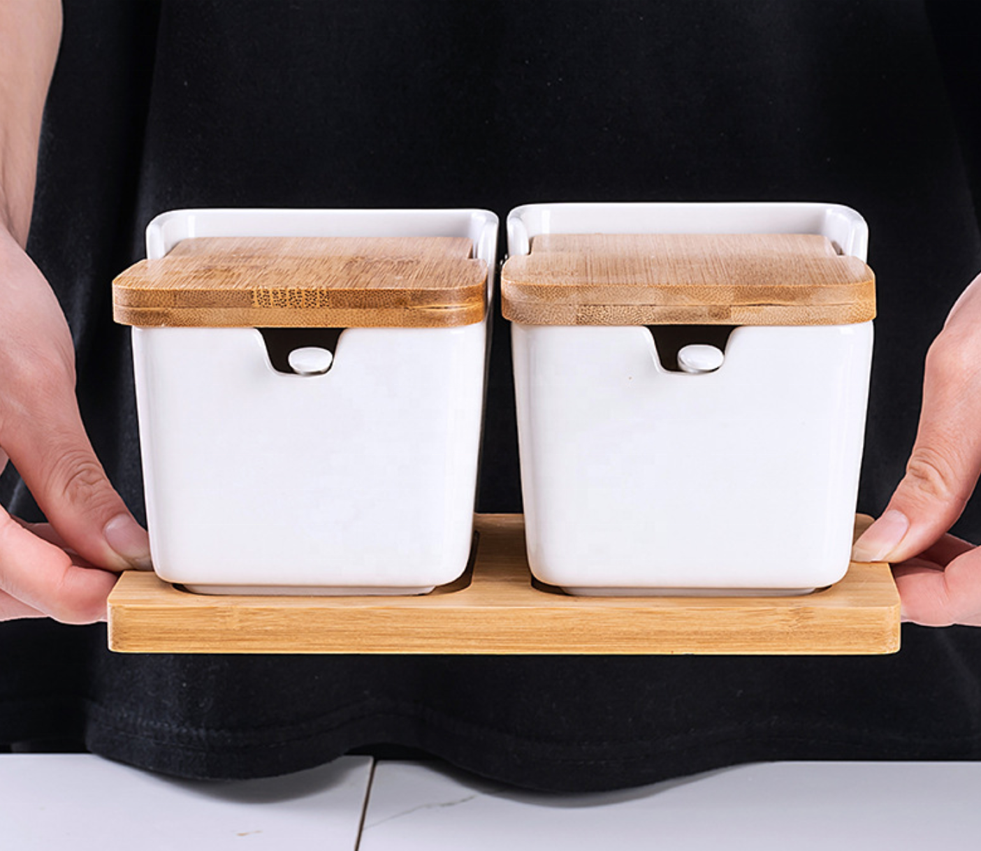Black and white seasoning jar three-piece bamboo wood seasoning pot Japanese-style seasoning jar set ceramic salt jar