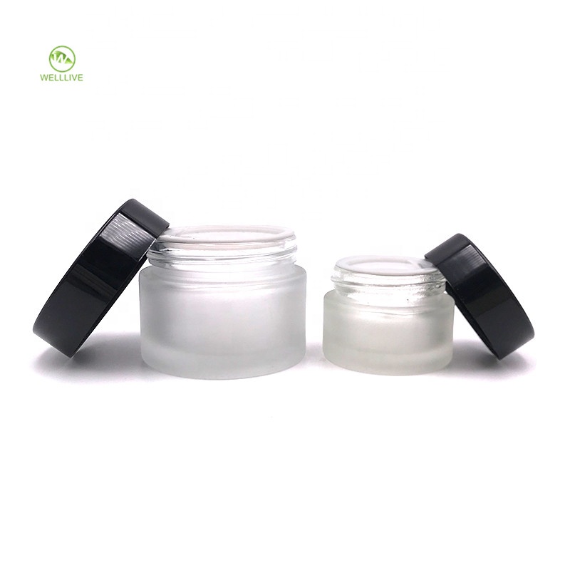 Black cap 5g 10g 15g 20g 30g 50g 100g frosted clear glass cream jar with gasket China factory supplier
