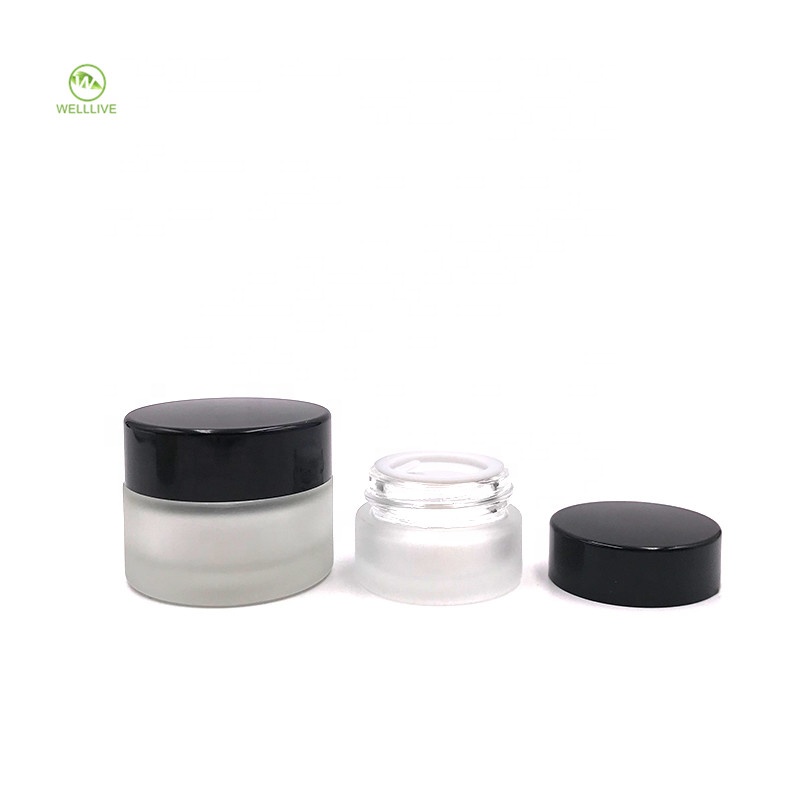 Black cap 5g 10g 15g 20g 30g 50g 100g frosted clear glass cream jar with gasket China factory supplier