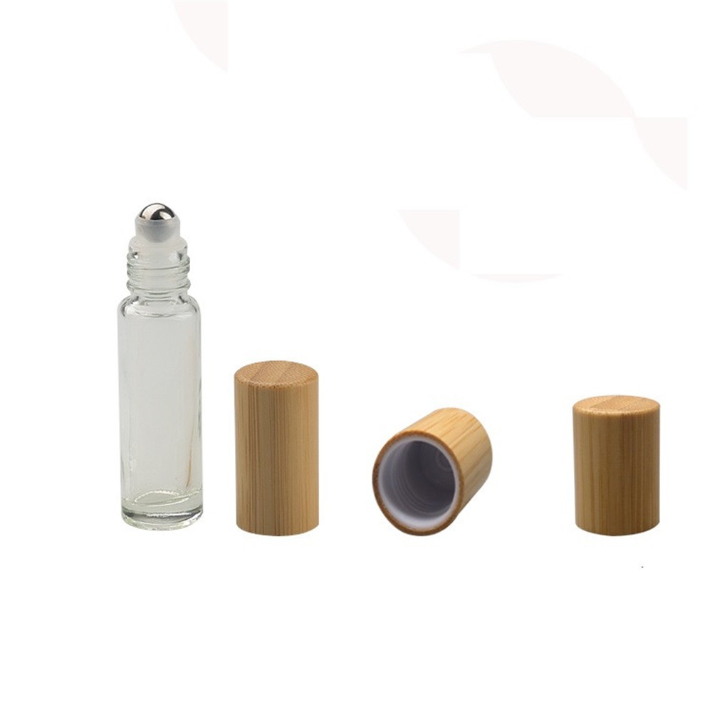 Black clear 5ml 10ml 15ml Essential oil eye cream roll on glass roller bottle with bamboo lid and and metal stainless roll balls