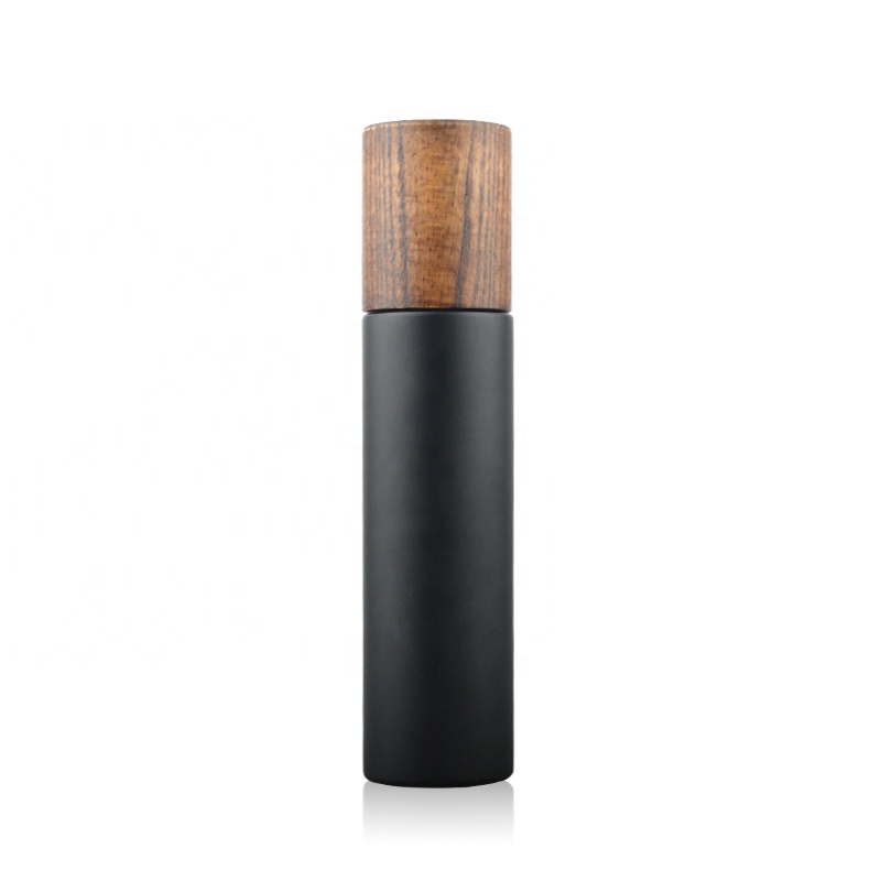 Black frosting glass lotion bottle with screw wooden cap