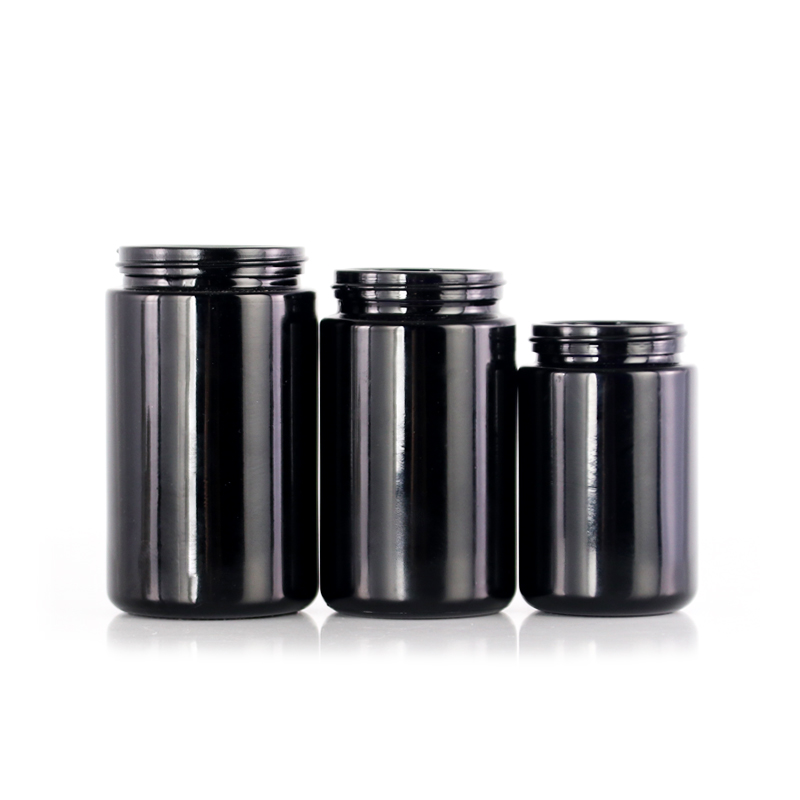 Black round glass storage jar with screw cap wholesale 100ml 150ml 200ml