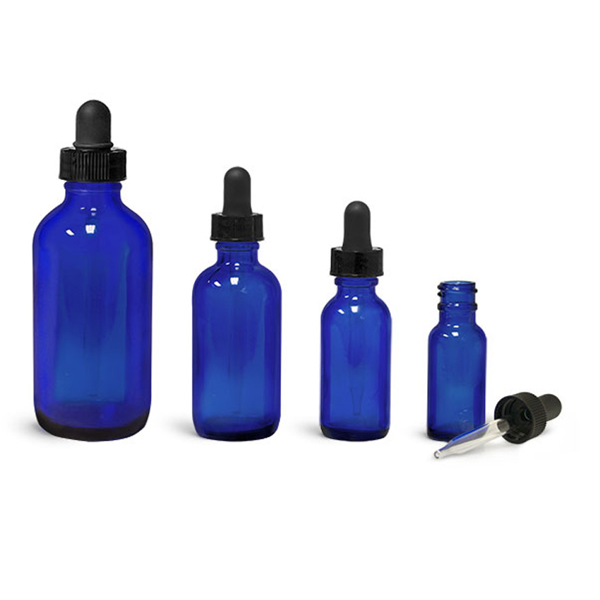 Blue Glass Boston Round Bottles with Black Glass Droppers empty dropper bottles