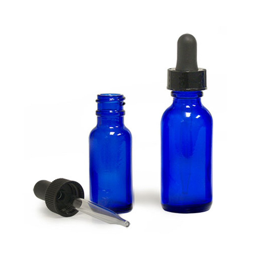 Blue Glass Boston Round Bottles with Black Glass Droppers empty dropper bottles