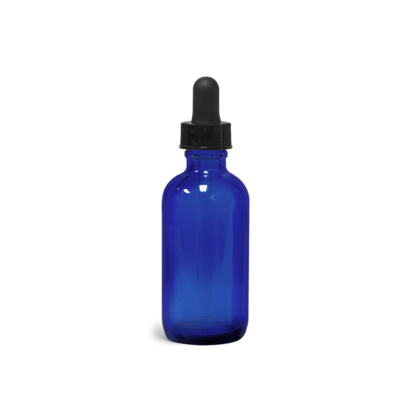 Blue Glass Boston Round Bottles with Black Glass Droppers empty dropper bottles