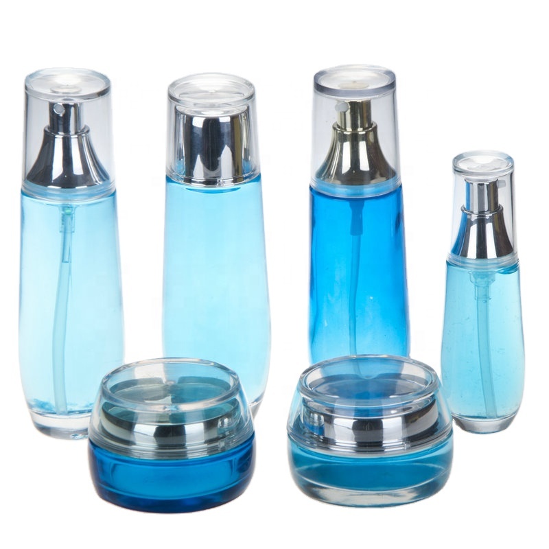Blue Glass Lotion Cosmetic Set Bottle Can Be Customized Silk Screen Printing Spray Color Spray Silver Set Bottle