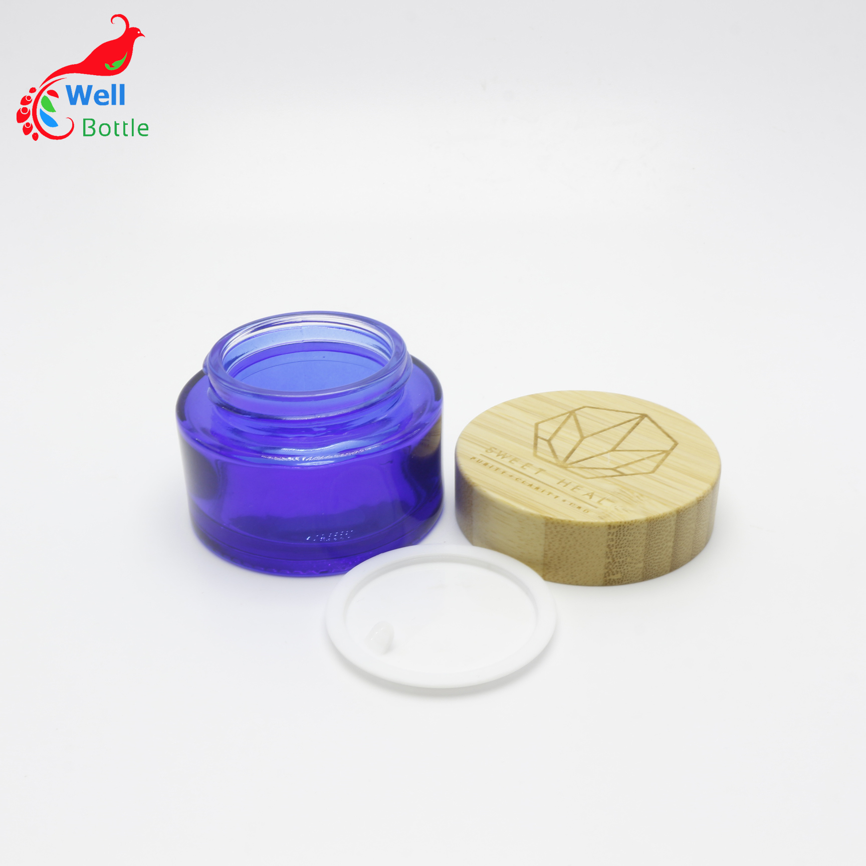 Blue Glass Refillable Makeup Container 50g Facial Cream Jar with Bamboo Cap J131E