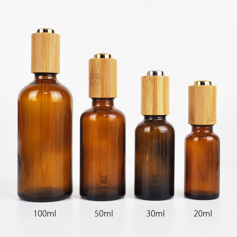 Blue amber clear white 30ml glass oil pipette dropper bottle with bamboo pressure pump cap for essential oil