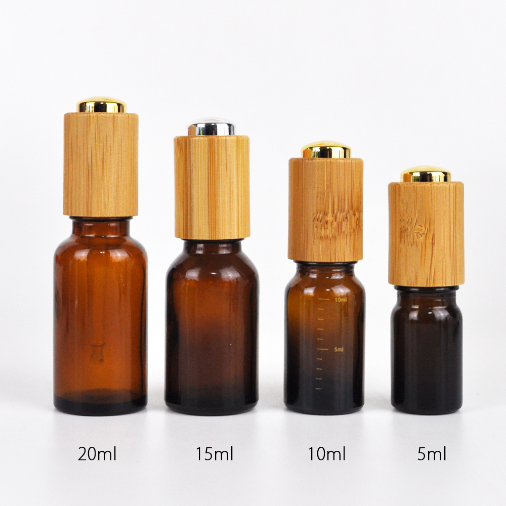 Blue amber clear white 30ml glass oil pipette dropper bottle with bamboo pressure pump cap for essential oil
