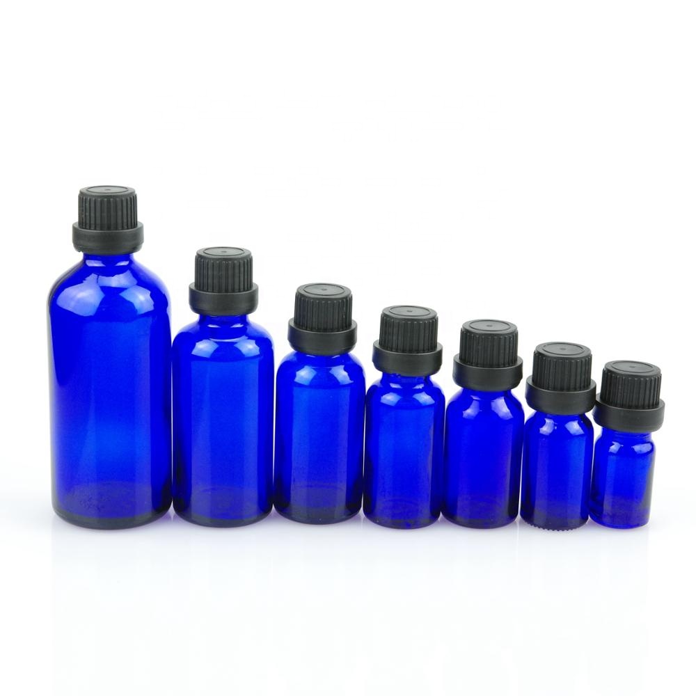 Blue color glass dispensing essential oil bottle with 18/415 TE tamper proof cap