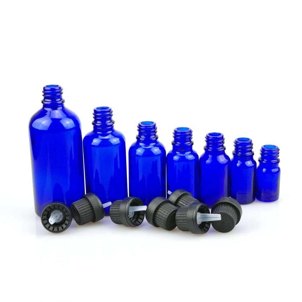 Blue color glass dispensing essential oil bottle with 18/415 TE tamper proof cap