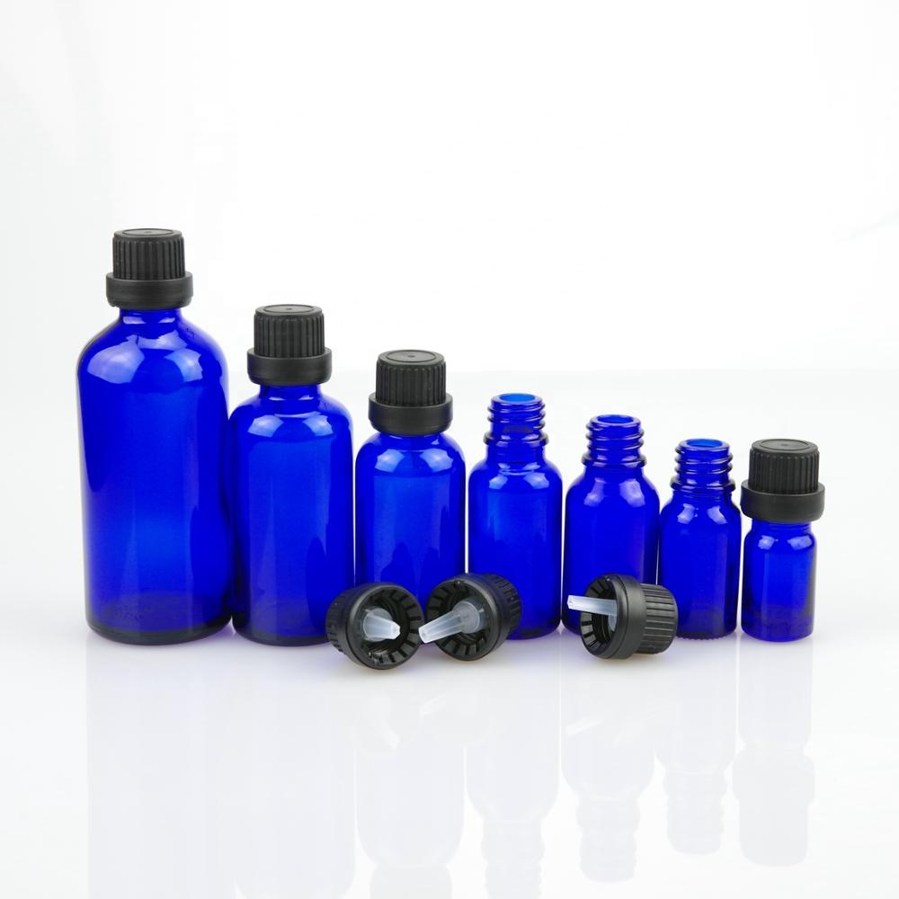 Blue color glass dispensing essential oil bottle with 18/415 TE tamper proof cap