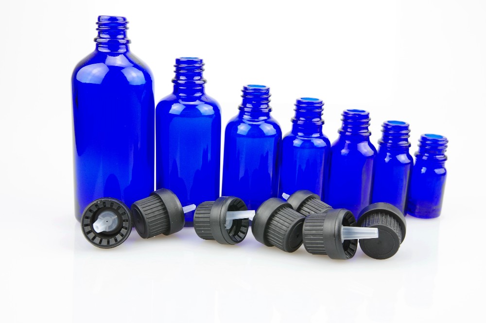 Blue color glass dispensing essential oil bottle with 18/415 TE tamper proof cap