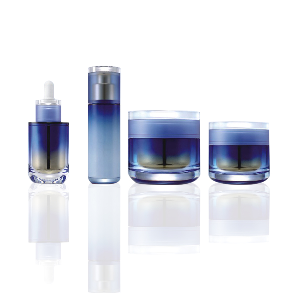Blue fashion design gradient bottle,Full set lotion cream bottle and cosmetic jar set