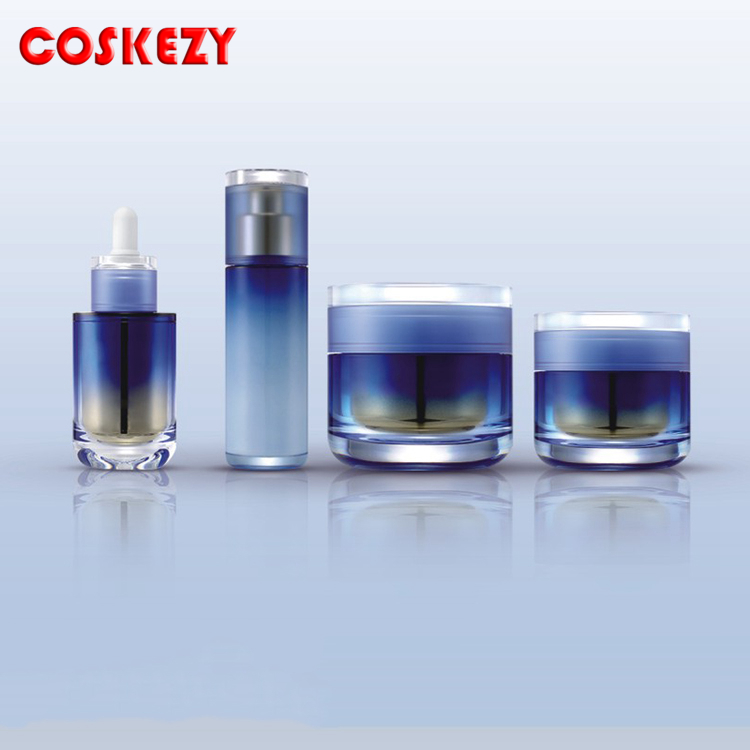 Blue fashion design gradient bottle,Full set lotion cream bottle and cosmetic jar set