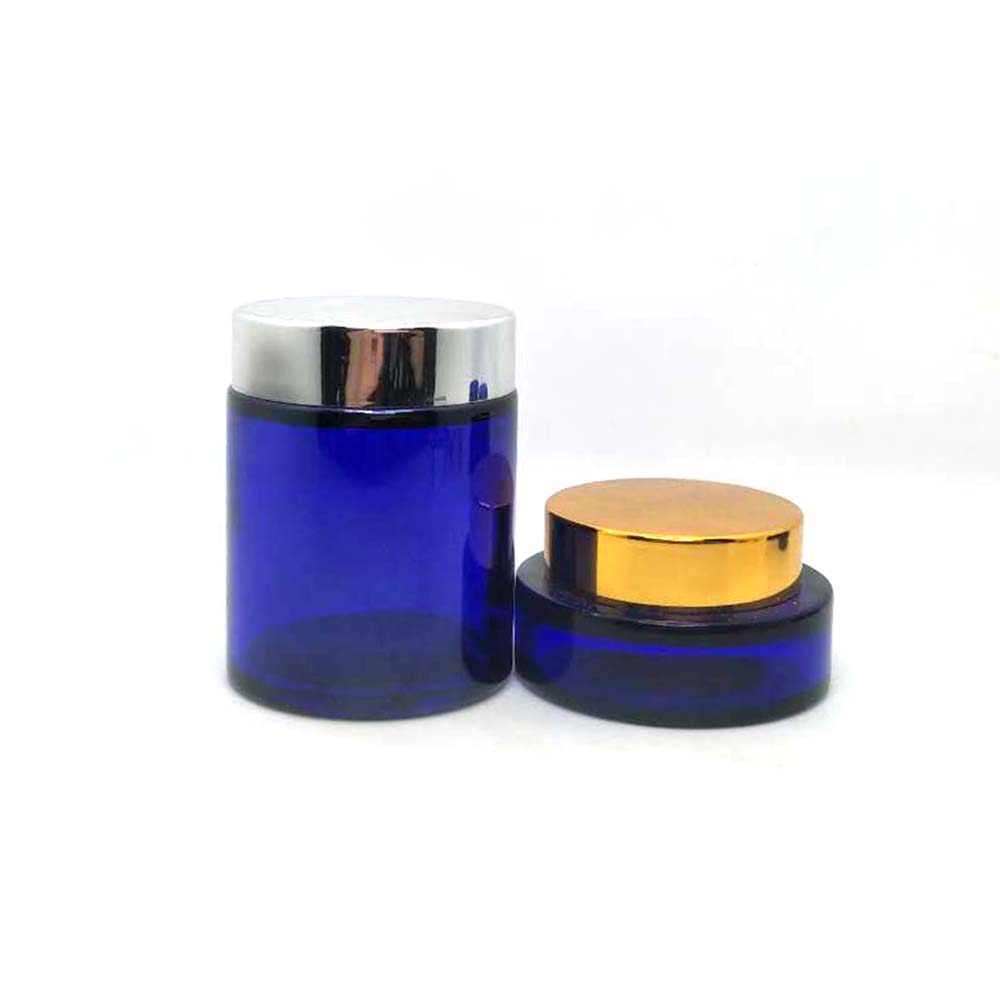 Blue glass cosmetic body cream jar with plastic lids for luxury cosmetic jar set 100g