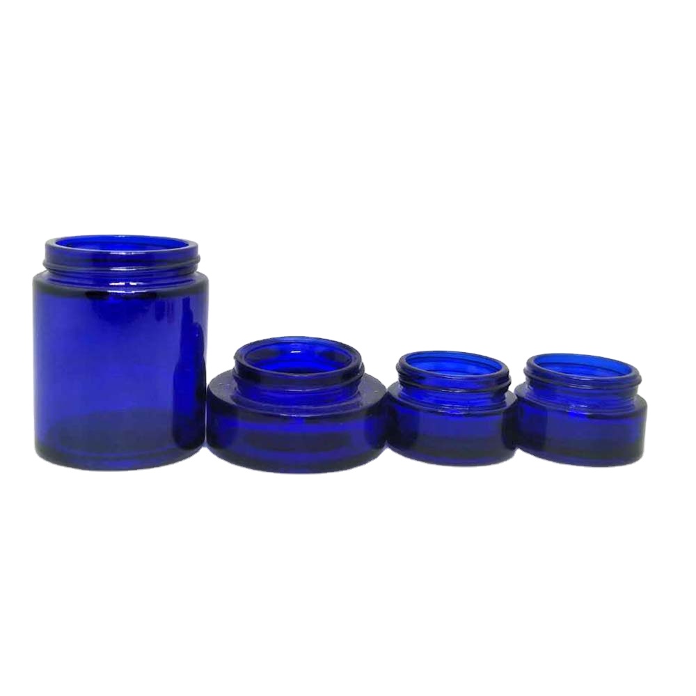 Blue glass cosmetic body cream jar with plastic lids for luxury cosmetic jar set 100g