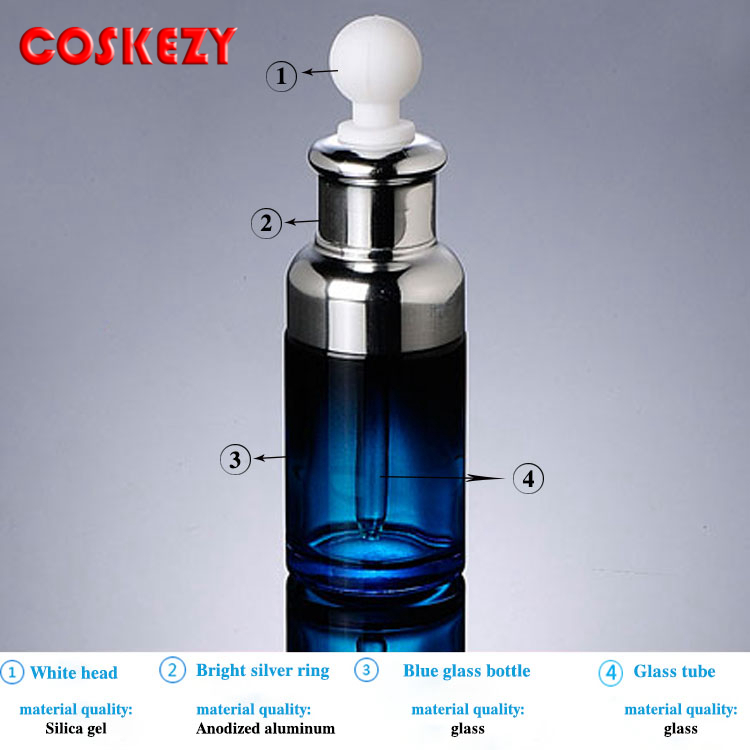 Blue glass cosmetic bottle, wholesale 20ml 50ml white rubber dropper bottle essential oils and dropper bottles for e liquid