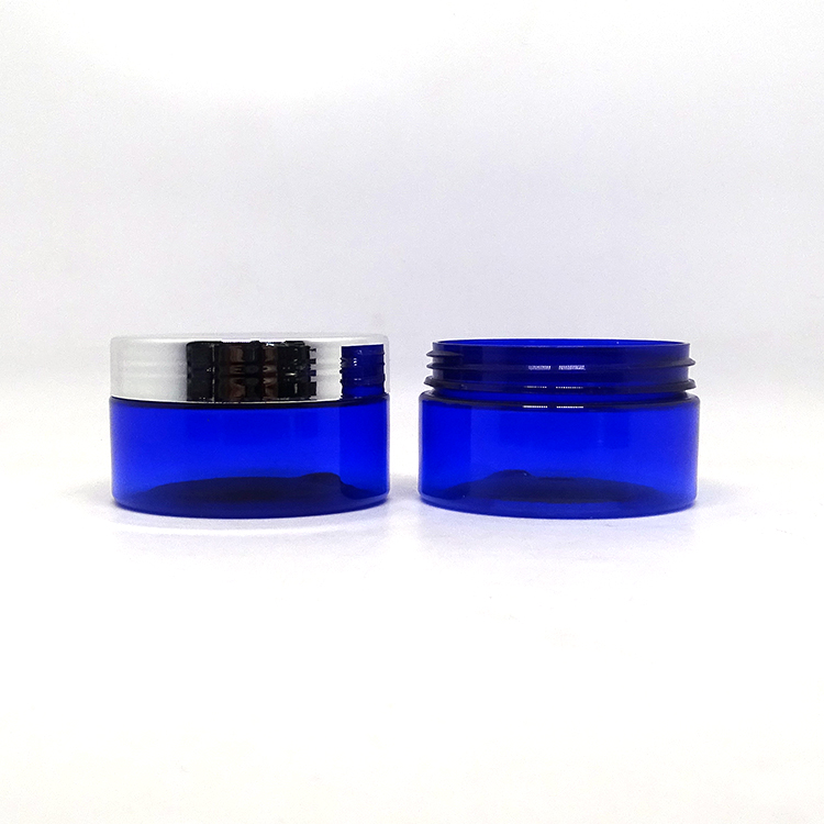Body butter containers Blue translucent Round 4oz PET Cosmetic Plastic Jar With Black Aluminum Lid