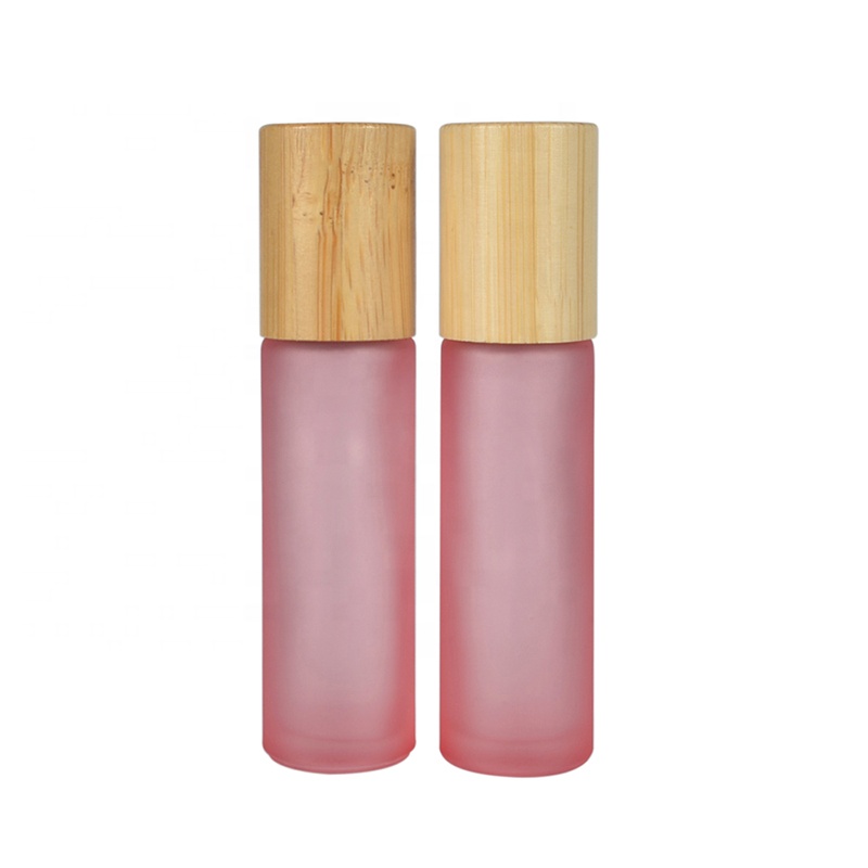 Body oil frangrance10ml frosted light pink frosted amber glass cosmetic roller bottle 10ml with bamboo lid