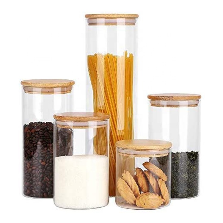 Borosilicale Glass Food Storage Jar with Sealed Airtight Bamboo Lid for Honey Candy Cookie Tea Clear Glass Container with cap