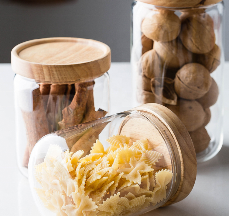Borosilicale Glass Food Storage Jar with Sealed Airtight Bamboo Lid for Honey Candy Cookie Tea Clear Glass Container with cap