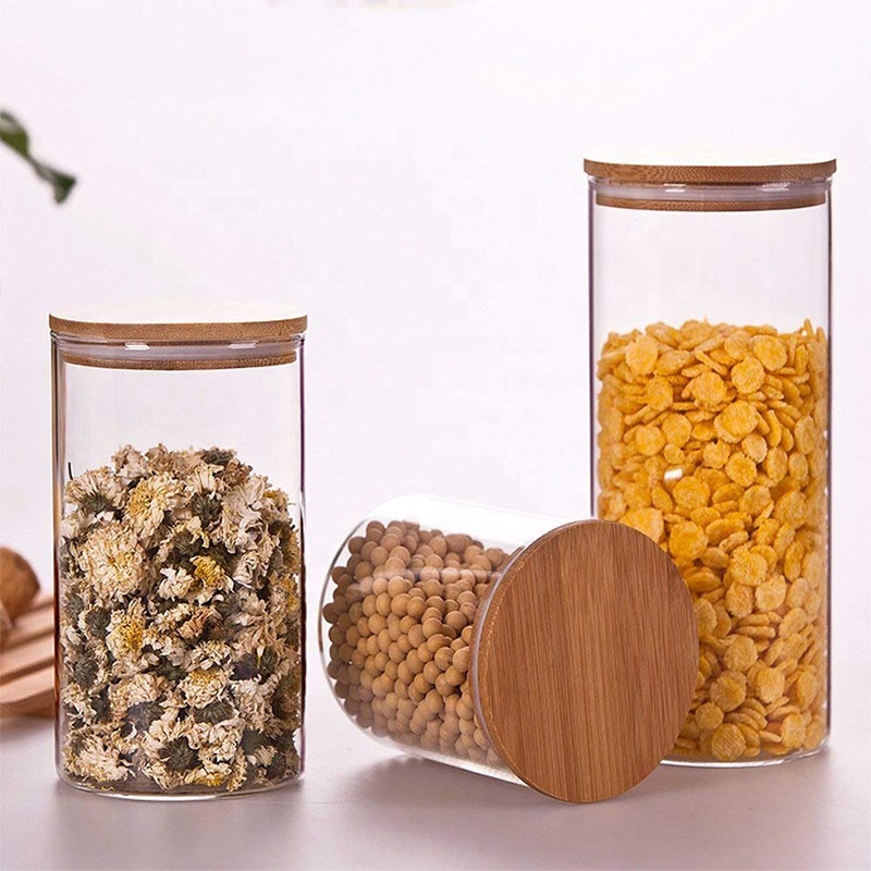 Borosilicale Glass Food Storage Jar with Sealed Airtight Bamboo Lid for Honey Candy Cookie Tea Clear Glass Container with cap