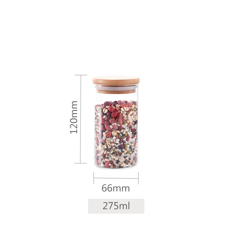 Borosilicate Airtight Storage Jar Bamboo Lid Clear Cylinder 275Ml Glass Food Container