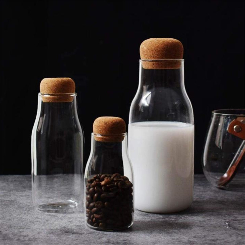Borosilicate Glass Bottle Glass milk Bottle With Wooden Cork Wooden Lid For Juice Milk Tea Storage