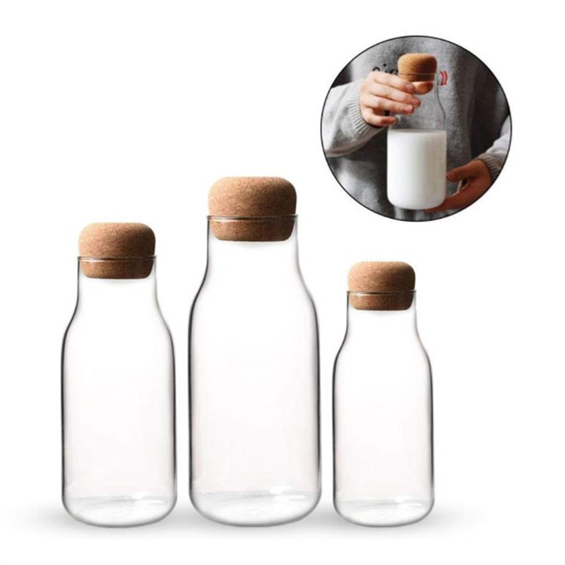 Borosilicate Glass Bottle Glass milk Bottle With Wooden Cork Wooden Lid For Juice Milk Tea Storage