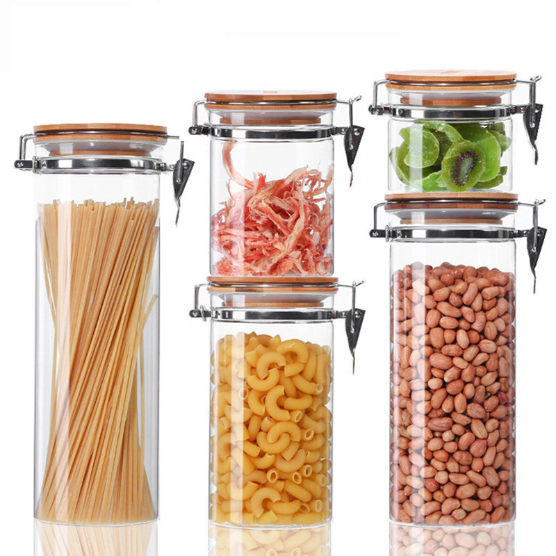 Borosilicate Glass Food Storage Jar with Clip Bamboo Lid for Kitchenware