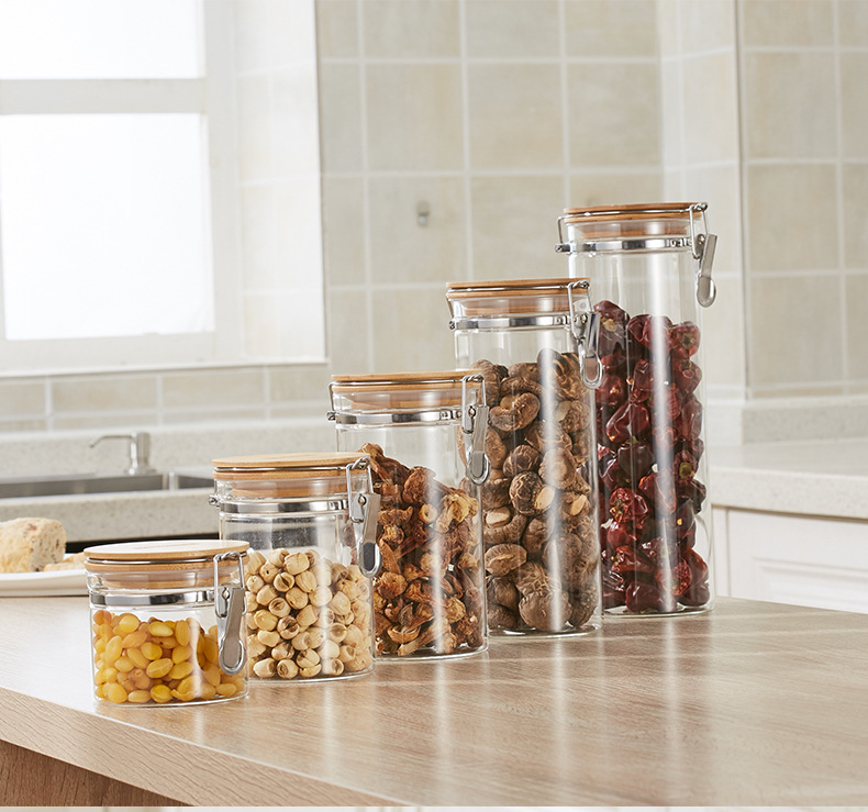 Borosilicate Glass Food Storage Jar with Clip Bamboo Lid for Kitchenware