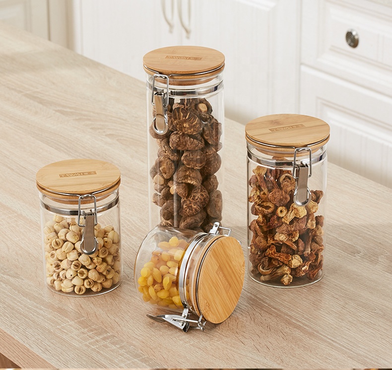 Borosilicate Glass Food Storage jar Clip Top Clear Glass Jar with Airtight Clamp Bamboo Lid